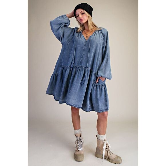 1009 EASEL Medium Washed Denim Oversized Fit Tiered Dress - Picture 2 of 6